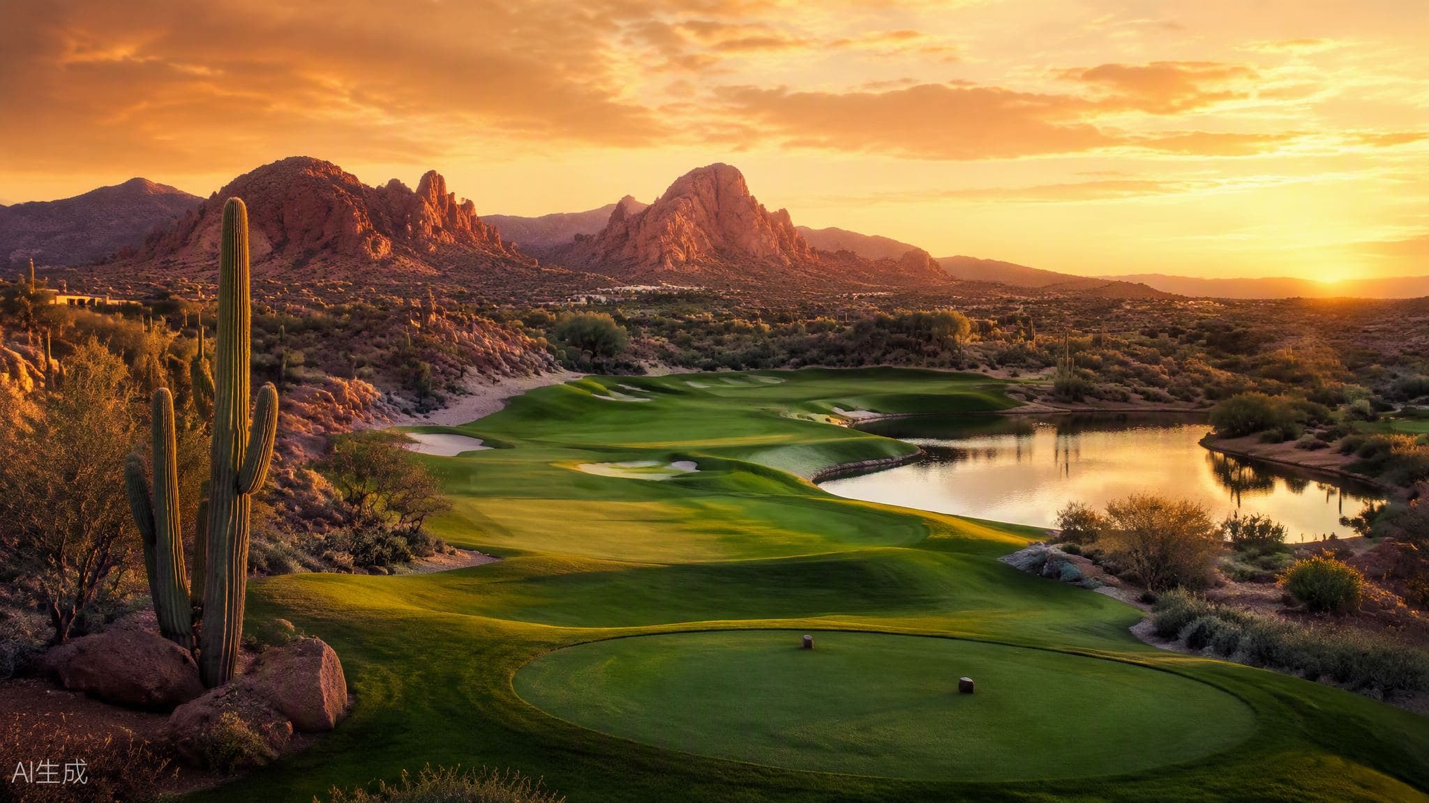 Desert golf course at sunset